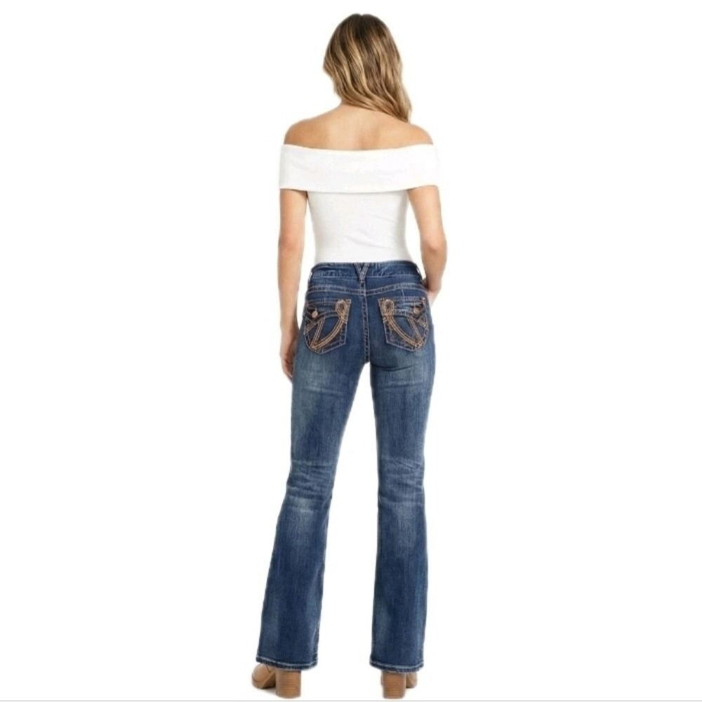 Vanity Uplift Orange Stitch Flare Blue Jeans 33x33 Mid-rise Women's NWT - Picture 2 of 15